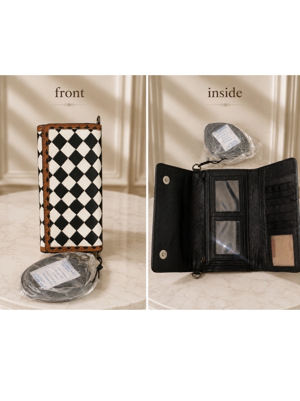 Brand New - Diamond-patterned Black & White Cowhide Trifold Wallet with Wristlet